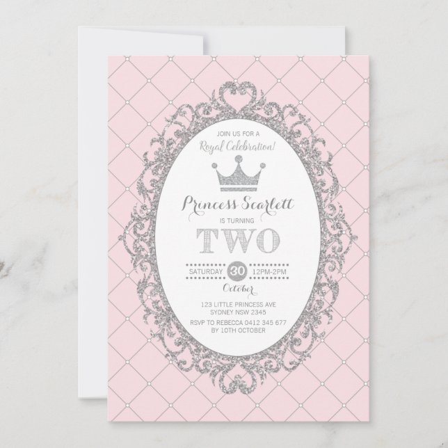 Pink Silver Princess 2nd Birthday Party Crown Invitation (Front)