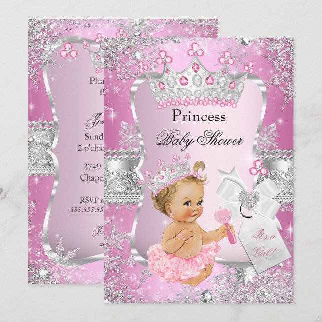 Pink Silver Princess Baby Shower Blonde Girl Invitation (Front/Back)