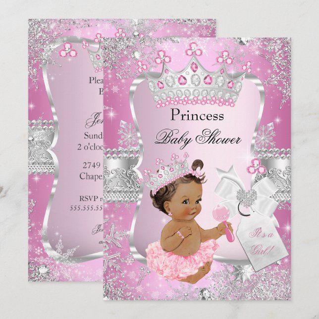 Pink Silver Princess Baby Shower Brunette Girl Invitation (Front/Back)