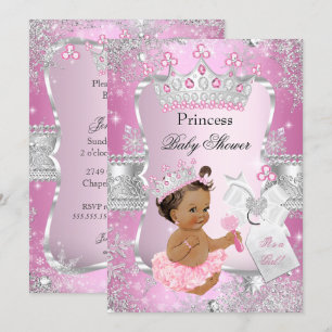 Pink Silver Princess Baby Shower Brunette Girl Invitation