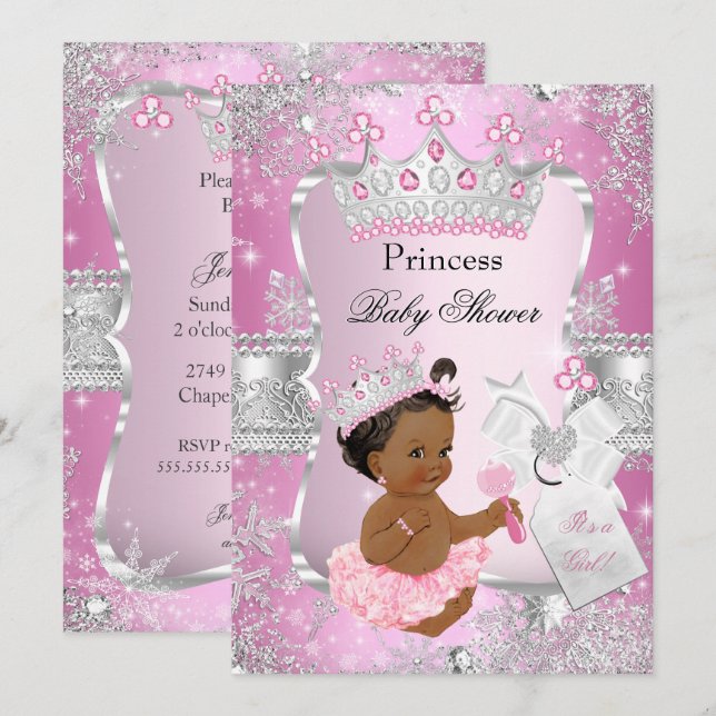 Pink Silver Princess Baby Shower Ethnic Invitation (Front/Back)