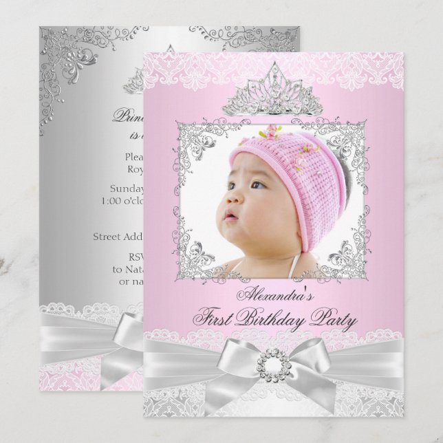pink & Silver Princess Girl First Birthday Party Invitation (Front/Back)