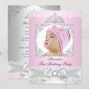 pink & Silver Princess Girl First Birthday Party Invitation