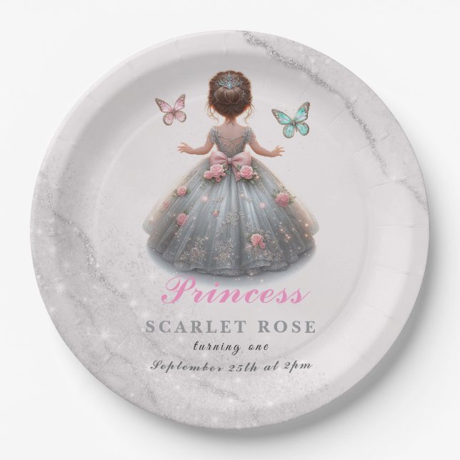 Pink silver princess gown Fairytale birthday party Paper Plate (Front)