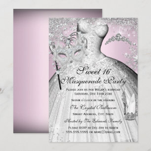 Pink Silver Princess Masquerade Sweet 16 Invite