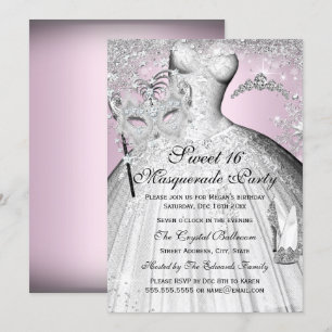 Pink Silver Princess Masquerade Sweet 16 Invite