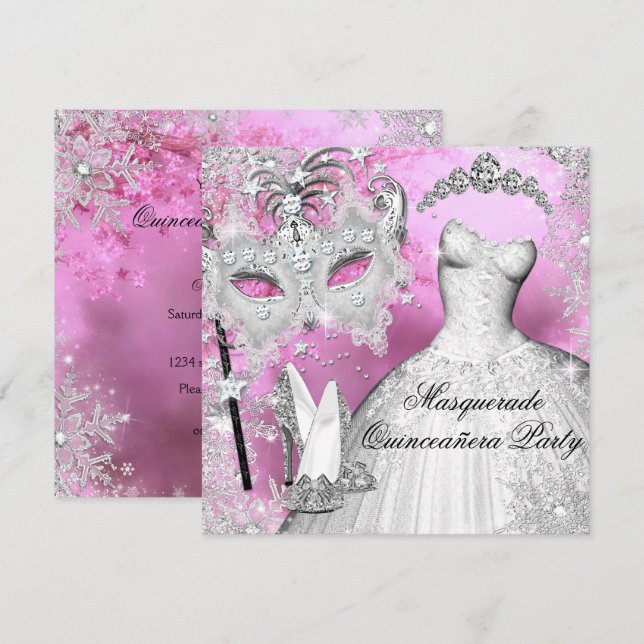 Pink Silver Princess Quinceanera Masquerade Invitation (Front/Back)