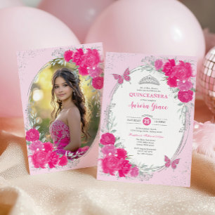Pink Silver Quinceañera Flower 15th Birthday Photo Invitation