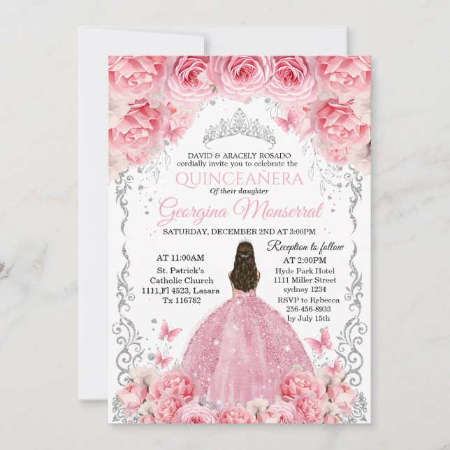 Pink Silver Quinceañera Invitation Floral Design (Front)