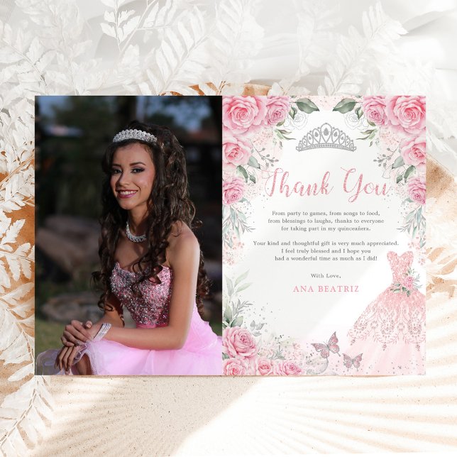 Pink Silver Quinceañera Princess Thank You Card (Creator Uploaded)