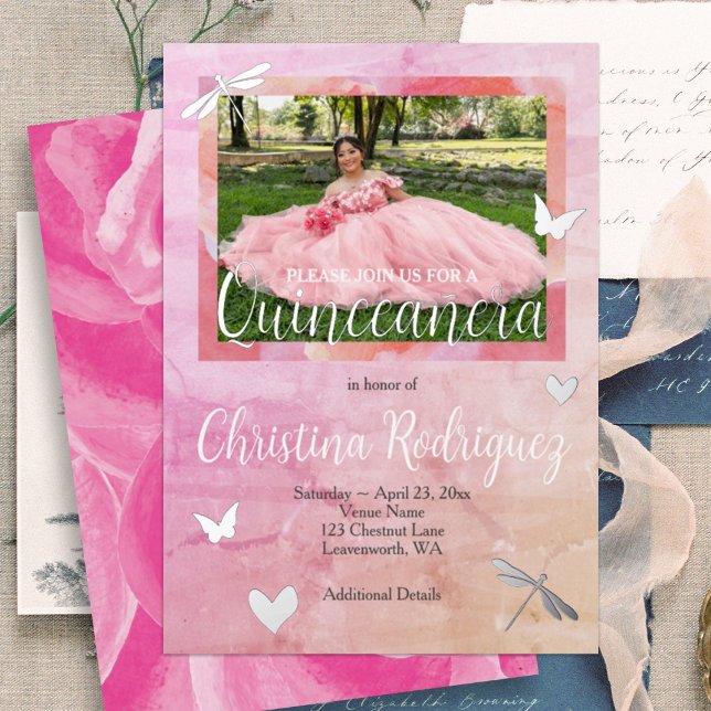 Pink & Silver Quinceanera Roses Invitation (pink rose quinceanera invitation with silver foil butterflies, dragonflies, hearts, calligraphy)
