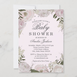 Pink Silver Rose Floral Baby Shower Invitation