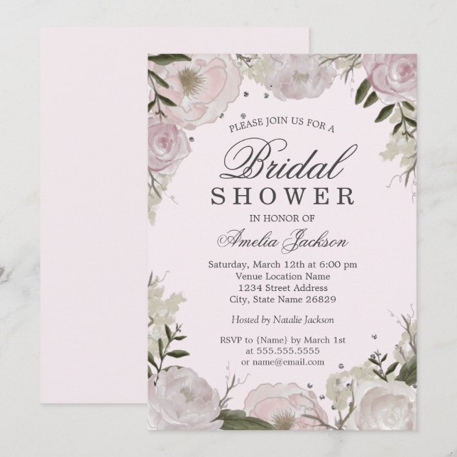 Pink Silver Rose Floral Bridal Shower Invitation (Front/Back)