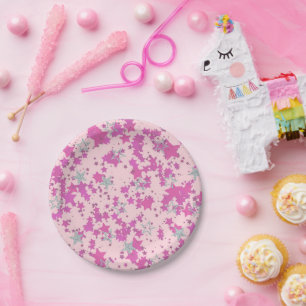 Pink silver rose stars paper plate