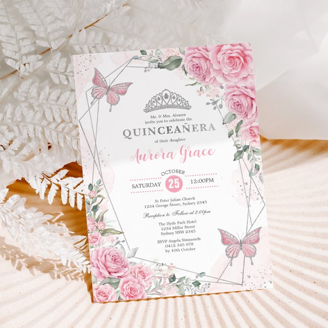 Pink Silver Roses Butterfly Quinceañera Birthday Invitation (Creator Uploaded)