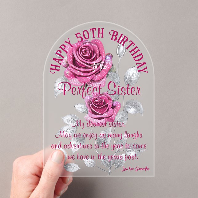 Pink Silver Roses Perfect Sister Acrylic Birthday Acrylic Invitations (Insitu (Handheld))