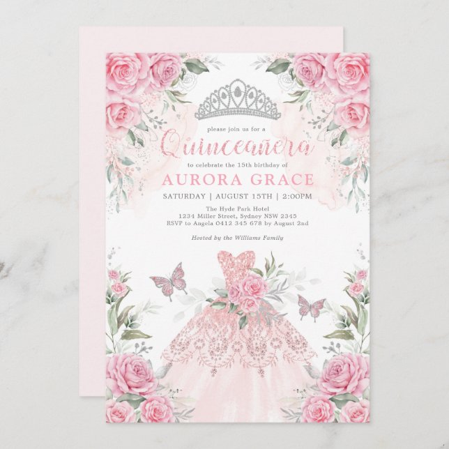 Pink Silver Roses Princess Crown Quinceañera Invitation (Front/Back)