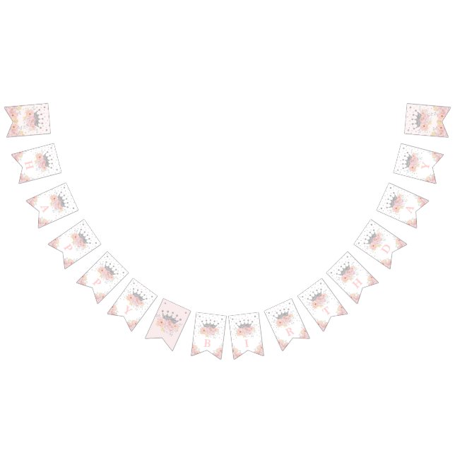Pink Silver Royal Crown Princess Happy Birthday Bunting (All)