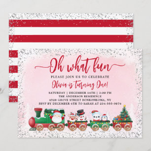 Pink Silver Santa Claus Christmas Train Birthday Invitation