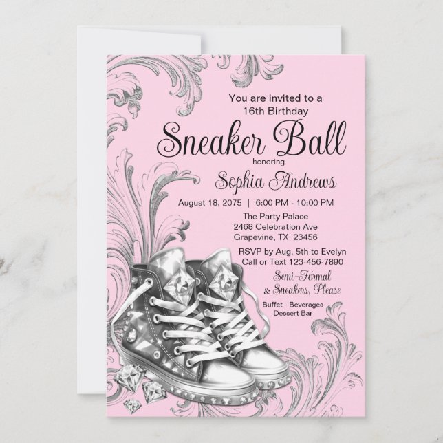 Pink Silver Sneaker Ball  Invitation (Front)