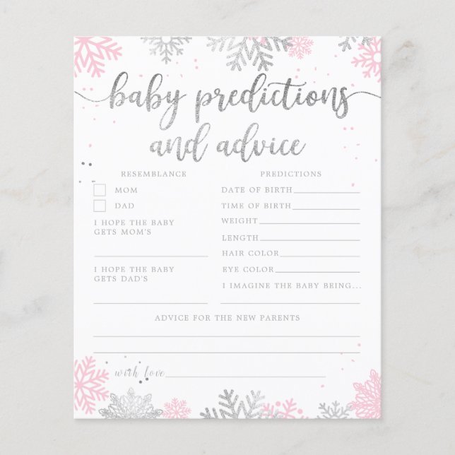 Pink Silver Snowflake Baby Predictions Advice Card (Front)
