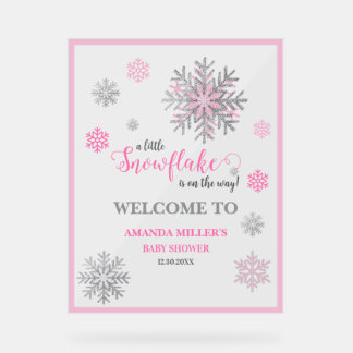 Pink Silver Snowflake Baby Shower Acrylic Sign