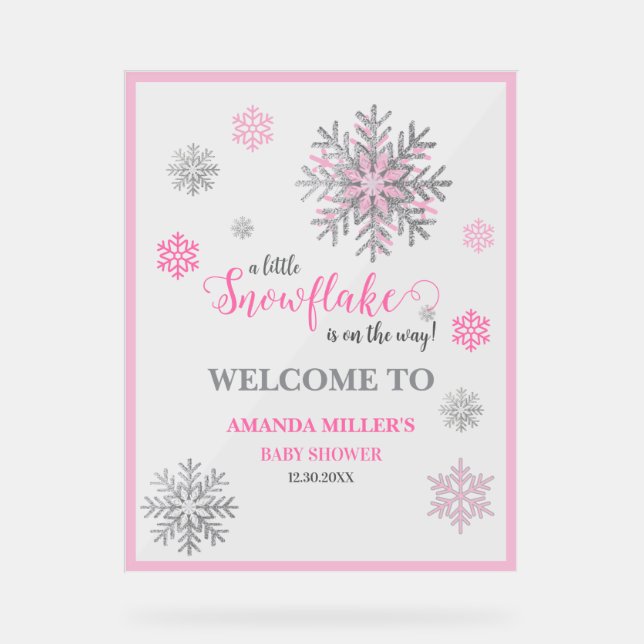 Pink Silver Snowflake Baby Shower Acrylic Sign  (Front)