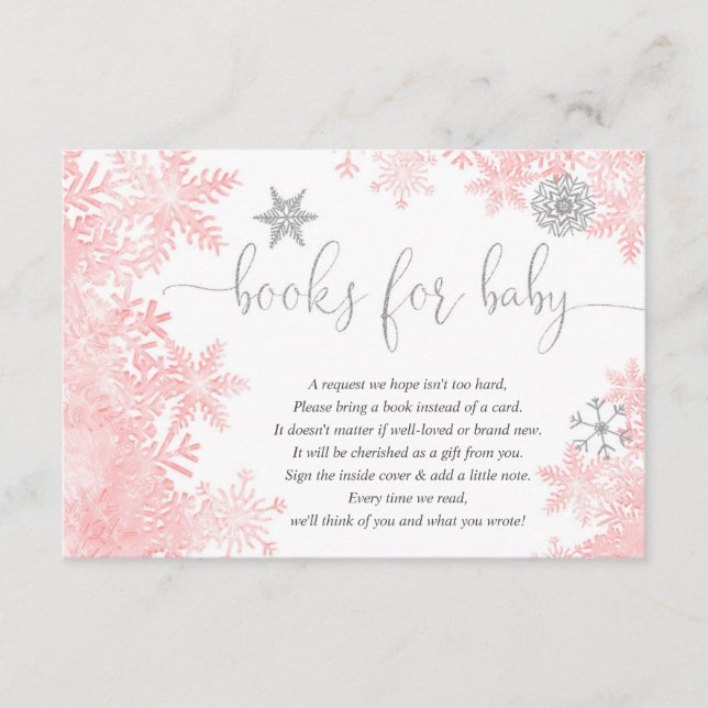 Pink silver snowflake baby shower book request enc enclosure card (Front)