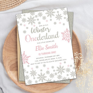 Pink Silver SnowFlake Winter Birthday Onederland Invitation