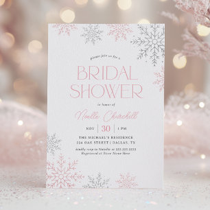 Pink Silver Snowflake Winter Bridal Shower Invitation