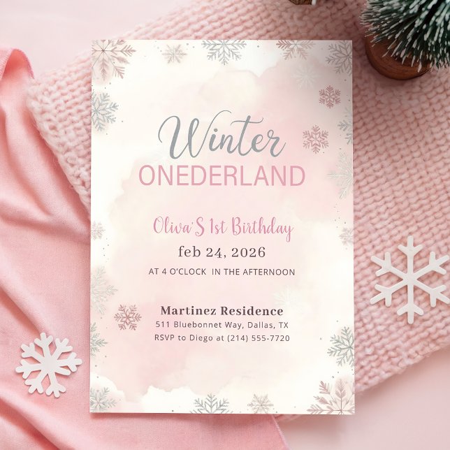 Pink Silver Snowflake Winter Girl First Birthday Invitation (Creator Uploaded)