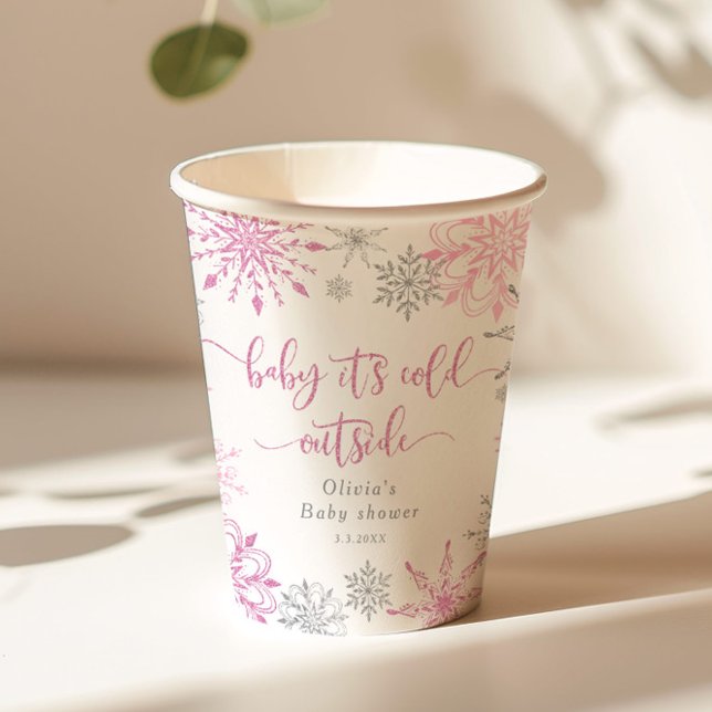Pink silver snowflakes baby its cold outside paper cups (Creator Uploaded)
