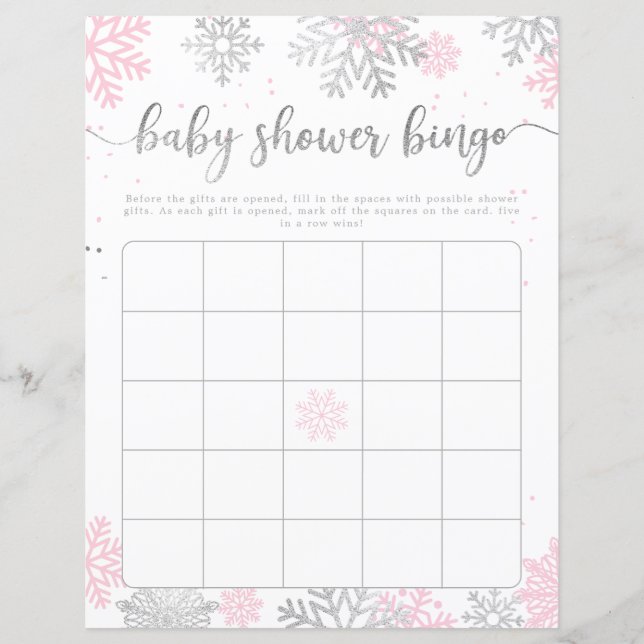 Pink Silver Snowflakes Baby Shower Bingo Game (Front)