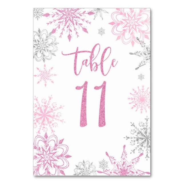 Pink Silver Snowflakes baby shower Eleven Table Number (Front)