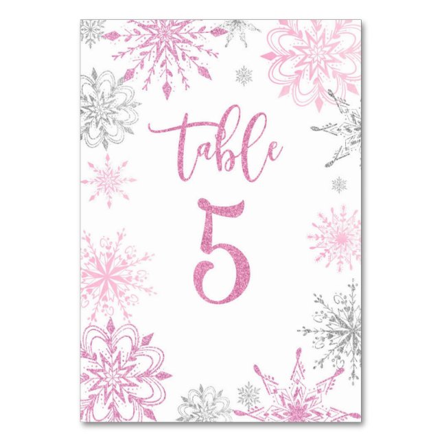 Pink Silver Snowflakes baby shower Five Table Number (Front)