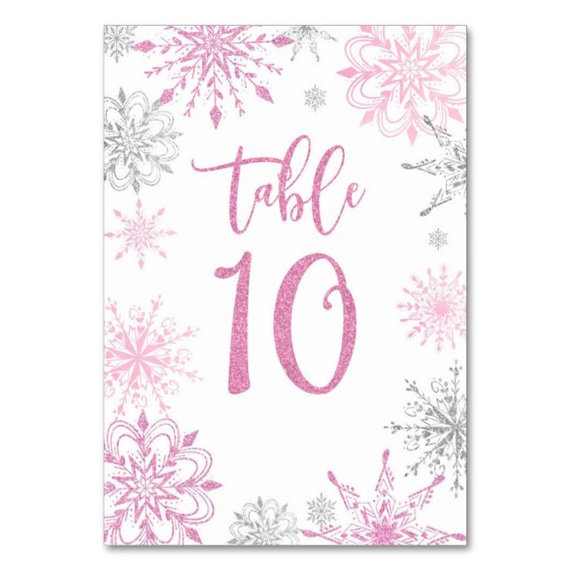 Pink Silver Snowflakes baby shower Ten Table Number (Front)