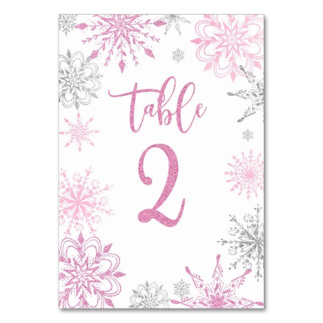 Pink Silver Snowflakes baby shower Two Table Number (Front)