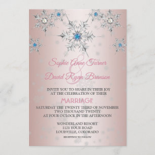 Pink Silver Snowflakes Crystals Blue Pearl Wedding Invitation
