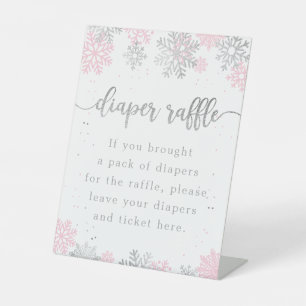 Pink Silver Snowflakes Diaper Raffle Baby Shower Pedestal Sign