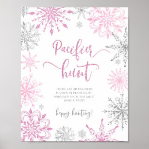 Pink silver snowflakes Pacifier hunt game Poster