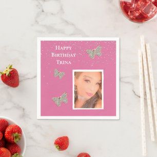 Pink Silver Sparkle Butterflies Your Photo Napkin