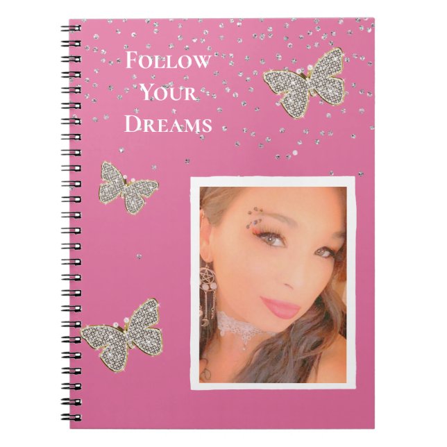 Pink Silver Sparkle Butterflies Your Photo  Notebook (Front)