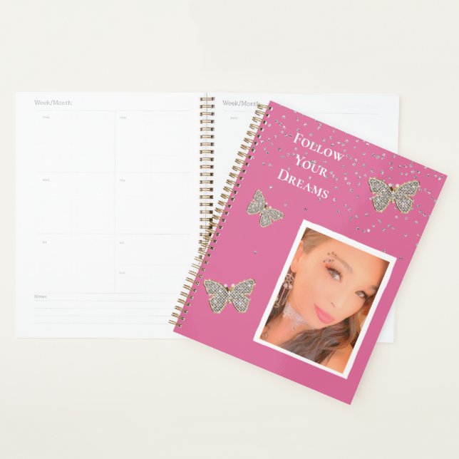 Pink Silver Sparkle Butterflies Your Photo  Planner (Display)