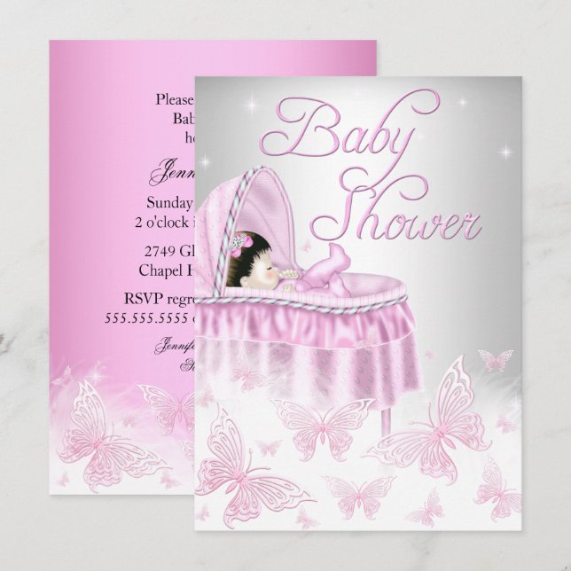 Pink & Silver Sparkle Butterfly Girl Baby Shower Invitation (Front/Back)