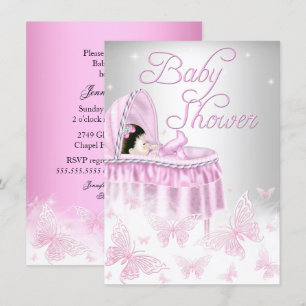 Pink & Silver Sparkle Butterfly Girl Baby Shower Invitation
