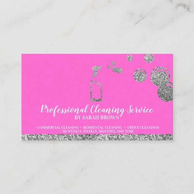 Pink Silver Sparkle Cleaning Maid Janitorial Business Card (Front)