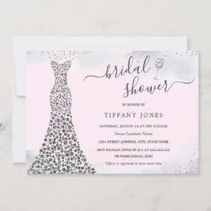 Pink Silver Sparkle Diamond Dress Bridal Shower Invitation