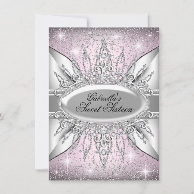 Pink & Silver Sparkle Diamond Sweet 16 Invite (Front)