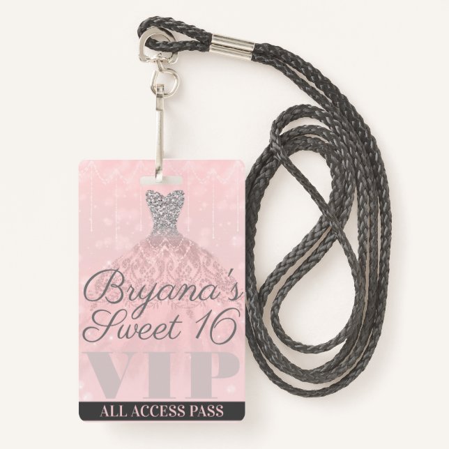 Pink Silver Sparkle Dress Sweet 16 VIP Pass ID Badge (Front with Lanyard)