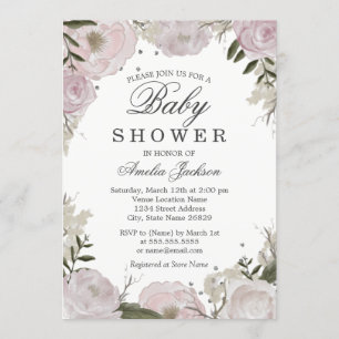 Pink Silver Sparkle Floral Baby Shower Invitation